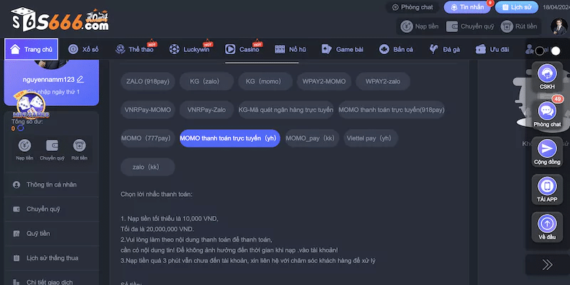 Nạp tiền S666 thông qua ví momo